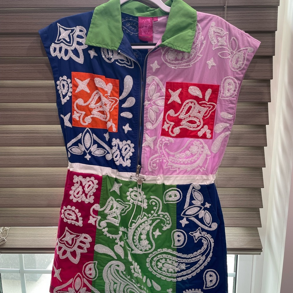 QUEEN OF SPARKLES Multicolor Patchwork Paisley romper with Green Collar